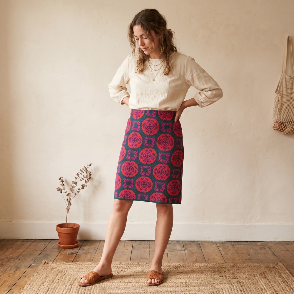 Anthropologie Maeve Womens Skirt XL Pink Red Medallion Knit Pencil Geometric